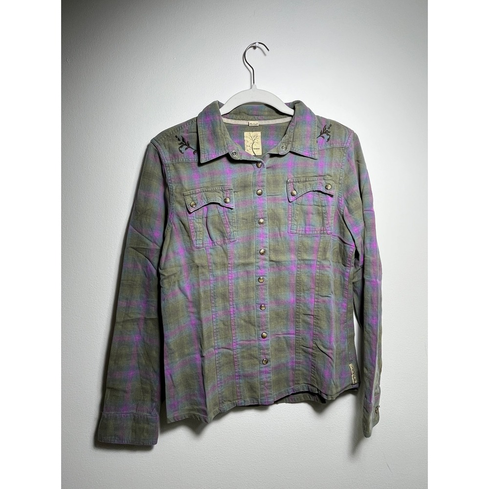 Gramicci Womens Plaid Snap Front Shirt Olive Purple Floral Embroidered Cotton‎
